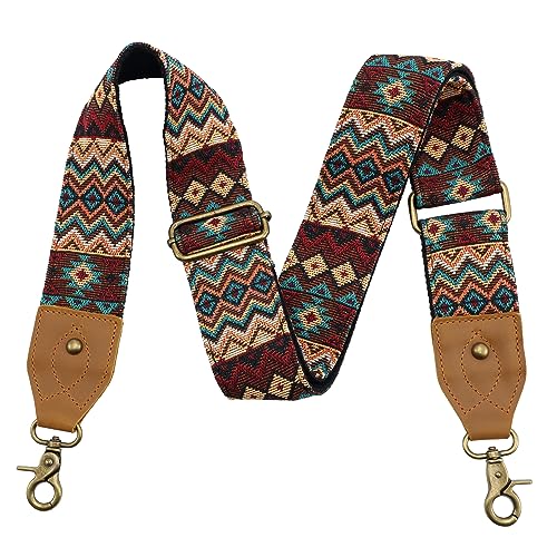 Nefelibata Purse Strap-2" Crazy Horse Leather Wide Shoulder Strap Adjustable Replacement,Retro Jacquard Embroidery Multi-pattern Crossbody Bag Straps for Handbag,Crossbody Bags(Ethnic style brown) - color: Ethnic Style Dark Brown