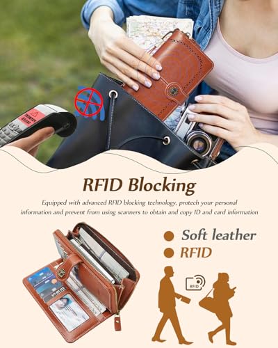 TFKGS Wallet for Women RFID Blocking Leather Large Capacity Card Holder Ladies Phone Clutch Travel Long Purse Wristlet | RFID Blocking - color: 2-Upgrade-Wax-Brown