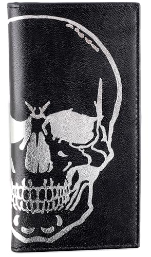 F&L CLASSIC Men's RFID Vintage Look Genuine Leather Long Bifold Wallet Checkbook Wallets,black skull,240-50 - color: black with Skull Embossed