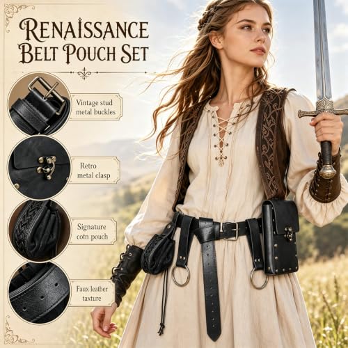 Renaissance Belt Pouch Medieval Pirate Costume Accessories, Golden Black | Viking Faux Leather, Waist Bag with Skirt Hikes, For Cosplay LARP - color: Golden Black