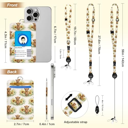 Highland Cow Sunflower ID Badge Holder with Breakaway Lanyard, Adjustable Lanyards for Id Badges Keys,Retractable Badge Reel w/360° Clip,RFID Blocking Card Holders for Women Office Staff Teacher Nurse - color: Highland Cow Sunflower