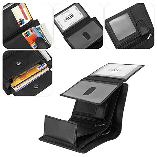Trifold Billfold RFID Blocking Cowhide Leather Wallet for Men 10 Card Slots 2 ID Windows with Coin Pocket - color: Black