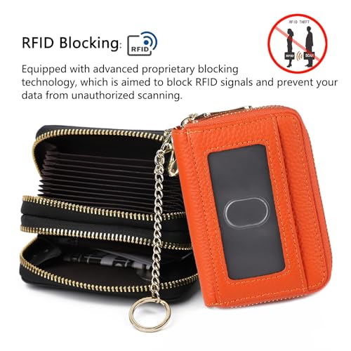 imeetu Rfid Credit Card Holder, Businese Card Case, Wallet for Women Men | Genuine Leather Card Wallet with id Window, Keychain & Double Zipper, Water-resistan Small Wallet with Gift Box, Daily Travel - color: Max - Orange