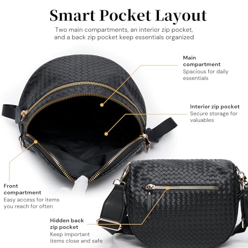 Woven Vegan Leather Bum Bag for Women, Crossbody Fanny Pack with Coin Purse | Removable 2-inch-wide strap adjusts to a 14–24.5-inch drop; dual zip compartments, reinforced hardware, 1.1-lb design - color: Black
