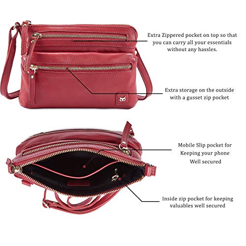 Small Leather Crossbody Bag for Women Adjustable Sling Purse Multi Pocket | Genuine Top Grain Leather, 4 Zip Pockets, Cross Over for Travel, Gift for Women, Phone Pocket - color: Red Nappa