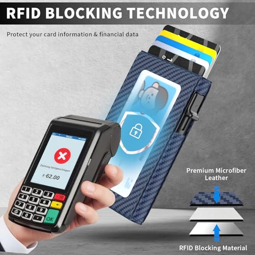 Wallet for Men Slim Minimalist Pop-up Smart Holds 5-6 Cards - RFID Blocking Metal with Money Clip, Credit Card Holder & ID Window, men accessories (Single fold carbon blue) - color: Single fold carbon blue