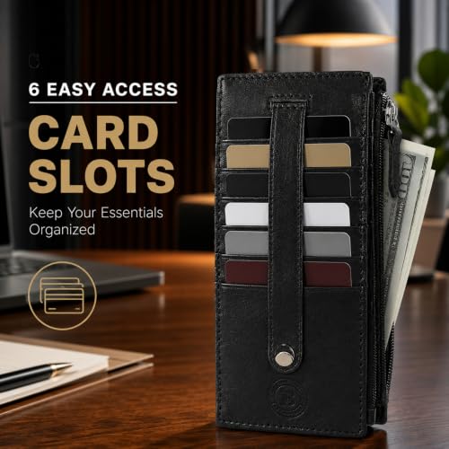 Leatherboss Genuine Leather Women's All in One Credit Business Card Case Holder Slim Zipper Wallet With a Card Protection Strap, Black - color: Black