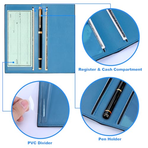 CASMONAL Checkbook Cover for Personal, Check Book Holder for Women & Men | PU Leather with Pen Holder, Transparent PVC Divider for Duplicate Checks - color: Blue Cadet