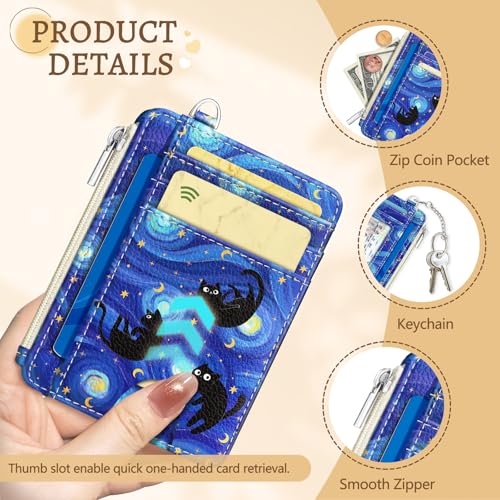 Kelvoris Credit Card Holder Small Wallet Women, Slim RFID, Blue Black Cat | Keychain, Zipper Coin Pocket, Front Pocket Thin Travel Card Case, Minimalist, 6 Card Slots, 1 ID Window, Ladies Gifts Woman - color: Black Cat Star Night