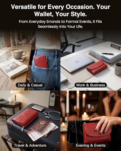 Premium Leather Wallet, Multi-Slot Card Holder with ID Window, Zipper Coin Purse, First Layer Leather (Red & Black) - color: Red & Black
