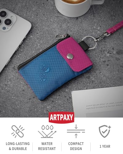 Artpaxy Minimalist Wallet For Mens Womens, Keychain RFID Blocking Zipper Small Wallet with ID Window 2 Lanyards,Water Resistant Travel Cash Card Coin Case Boys Girls - color: Dark blue+Dark pink