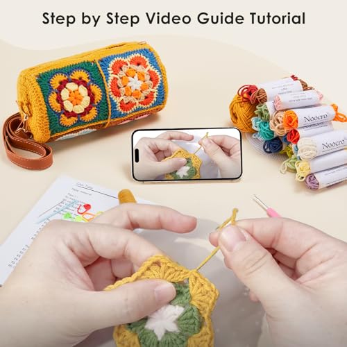 Noocro Crochet Kit for Cylindrical Bucket Bag, Purse, Complete DIY Kit with Detailed Instructions, Video Tutorials, for Beginners with Basic Crochet Knowledge or Intermediate and Advanced Crocheters - color: Autumn Bloom
