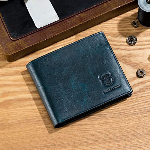 BULLCAPTAIN RFID Wallets for Men,Genuine Leather Wallet QB-05(Peacock Blue) - color: Peacock Blue
