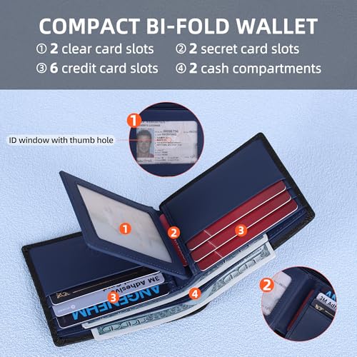 VISOUL Leather Mens Bifold RFID Blocking Wallet with 2 ID Windows, Leather Wallet for Men (Carbon Fiber, Black+Blue) - color: Black+Blue