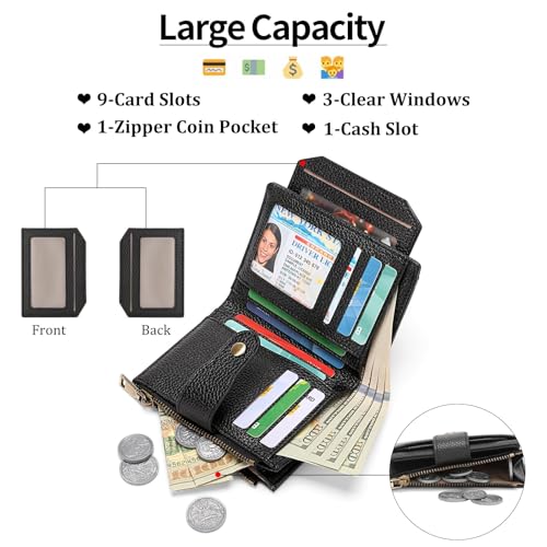 GAEKEAO Small Wallets Woman RFID Blocking Leather Bifold Card Holder Wallets with Zipper Pocket Removable ID Window - color: D04-Black