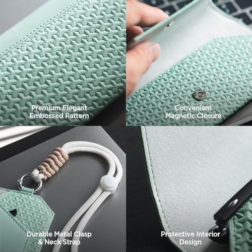 VULKIT Portable Leather Eye Glasses Case for Women & Men, Slim Sunglass Case, Unisex Eyeglass Case - color: Mint Green With Lanyard