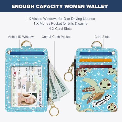 Slim Wallet Credit Card Holder, Sea Turtles, RFID Wallet Women Cute Small Front Pocket Wallet With Zipper, PU Leather Thin travel RFID Blocking Card Case ID Window,Ladies Gifts - color: Sea Turtles