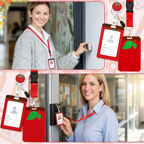 Eaasty Teacher Lanyard Back to School Gift Teacher ID Badge Holder Card Holder Retractable Composition Notebook Pencil Crayon Apple Ruler PVC Breakaway Lanyard Badge Reel(Apple Style) - style: Apple Style