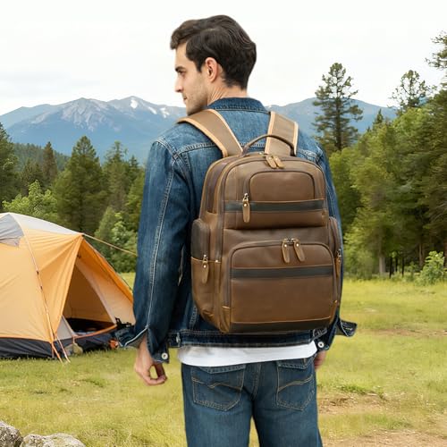 TIDING Men's Leather Backpack 14" & 15.6" Laptop Business Travel Daypack | Thick Sponge Padded Laptop & Tablet Sleeves, Water Bottle Holder, Luggage Strap, Anti-theft Pocket, Large Capacity - color: Brown(fits 15.6" Laptop)