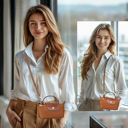 Purse Straps Replacement, Leather Handbag Crossbody Shoulder Strap Kit Adjustable for Mini Longcamp Tote Bag Women - color: Brown Gold