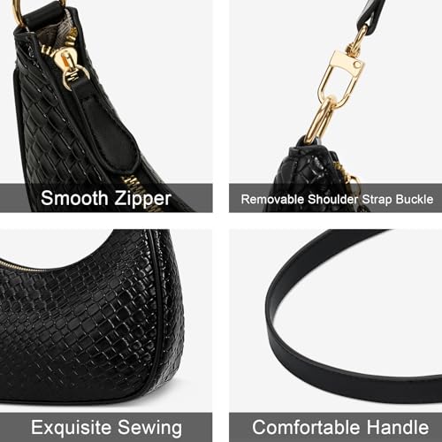 KKXIU Small Shoulder Bag for Women Mini Clutch Purses Cute Hobo Handbags | Classic Trendy Retro Underarm Crossbody Bag with Detachable Straps, Vegan Leather, Zipper Closure - color: B-black
