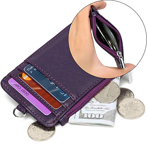 ID Badge Holder with Neck Lanyard PU Leather ID Badge Wallet Case with 1 ID Window, 4 Card Slots, 1 Side Zipper Pocket - color: Purple
