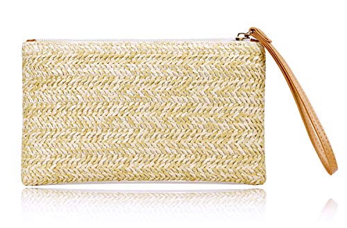 COOKOOKY Womens Straw Clutch Bag Bohemian Summer Beach Straw Purse Zipper Wristlet Wallets for Women - color: Beige