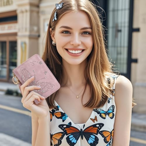 KITEVIUN Women RFID Blocking Small Bifold Wallet, Compact Cash Clutch with Zipper Coin Pocket, Glittery Butterfly Design, Credit Card Holder, Travel Purse with Tassel PURPLE - color: 06-PURPLE