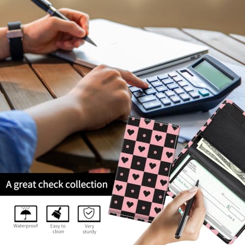 Checkbook Cover for Personal Checkbook, Cute Pu Leather Check Book for Women & Men, Slim Checkbook Holder with Pen Holder and Built-in Clear Plastic Divider, Plaid Heart - color: Plaid Heart