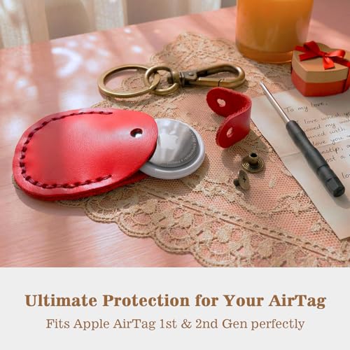 Genuine Leather Airtag Holder Compatible with Apple AirTag Keychain 2nd & 1st Gen, Handmade Air Tag Holder with Key Rings, Hidden Airtag Case Accessories - True Red - color: True Red
