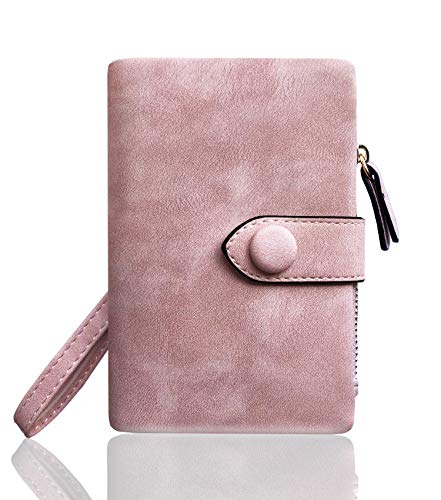 AOXONEL Women's Small Bifold Leather wallet Rfid blocking Ladies Wristlet with Card holder id window Coin Purse - color: Pink