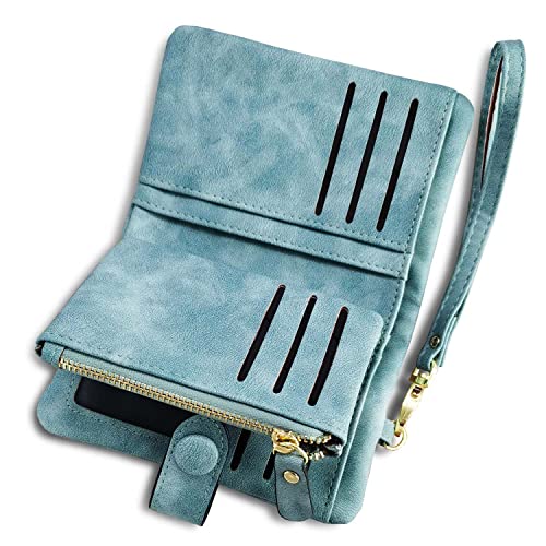 AOXONEL Women's Small Bifold Leather wallet Rfid blocking Ladies Wristlet with Card holder id window Coin Purse - color: Green