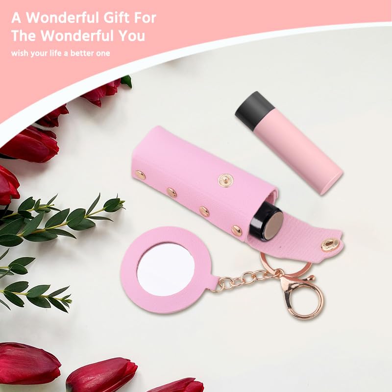 Sisadodo Lip Oil Lipstick Case with Mirror Lip Oil Lipstick Holder Key Chain for Car Keys Keychains Lipstick Organizer Case - color: Pink-round