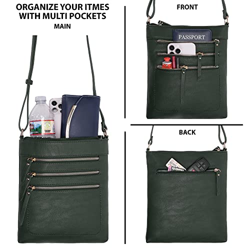 Solene Crossbody Bag Functional Multi Pocket Messenger Purse Top Zip Closure Shoulder Handbag With Adjustable Strap - color: Olive