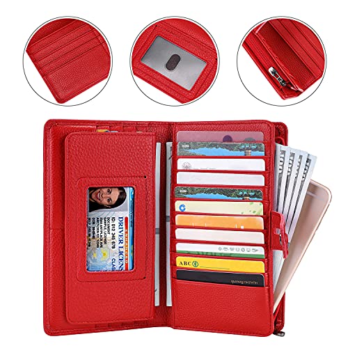 Itslife Womens Wallet,Large Capacity RFID Blocking Leather Wallets Credit Cards Organizer Ladies Wallet with Checkbook Holder - color: 1-Red