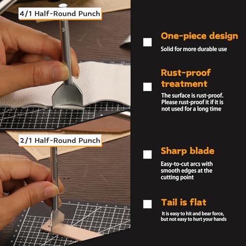 4 Pcs Leather Punch Pads+14 Sizes Leather Corner Punch, Cutting Mat, Sound Absorbing Pad and A4 Self Healing Cutting Mat, Half-Round Punch Set with Double Sided Nylon Hammer for Belts, Purses and Etc