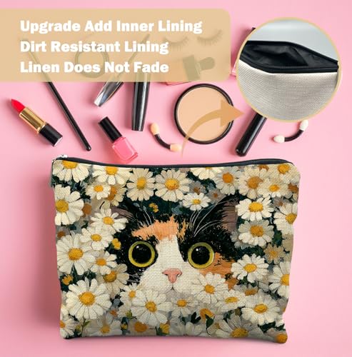 Cute Cat Floral Makeup Bag,Gifts for Women Cat Lovers,Cats Lover Lady Mom Grandma Gifts, Calico Cat Daisy Kitten Zipper Makeup Pouch,Spring Holiday Toiletry Bag - color: Cat Floral