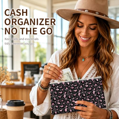 Money Bag with Zipper, Cute PU Leather Cash Bags, Portable Bank Bag Money Pouch for Cash, Coins, Checks, Receipts, Invoices Cosmetics Tools, Deposit Bag for Office Travel, Pink Leopard - color: Pink Leopard