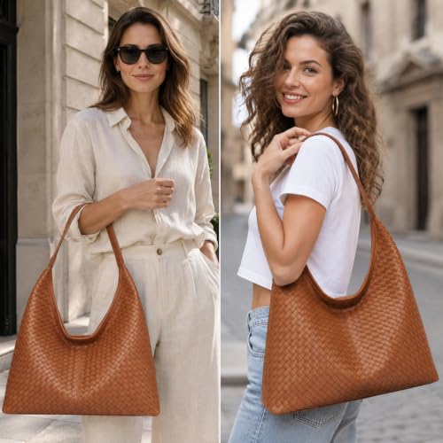 Woven Textured Vegan Leather Hobo Tote Bag Large Slouchy Purse for Women | Trendy work handbag with magnetic closure and interior pockets. Chic aesthetic satchel ideal to carry daily travel essentials - color: Brown