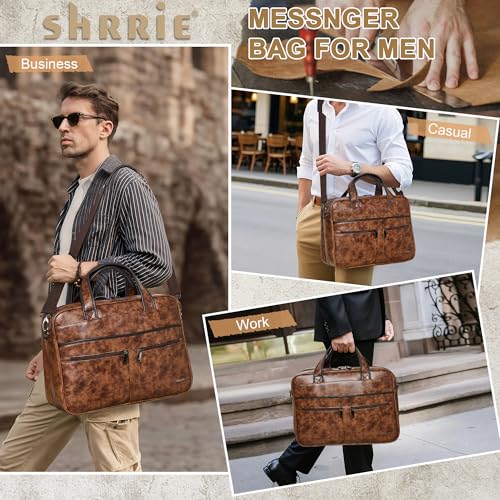 Shrrie Leather Messenger Bag for Men&Women 16 inch Laptop Bag,Water-Resistant Retro Leather Briefcase for Men Business,Work - color: Brown