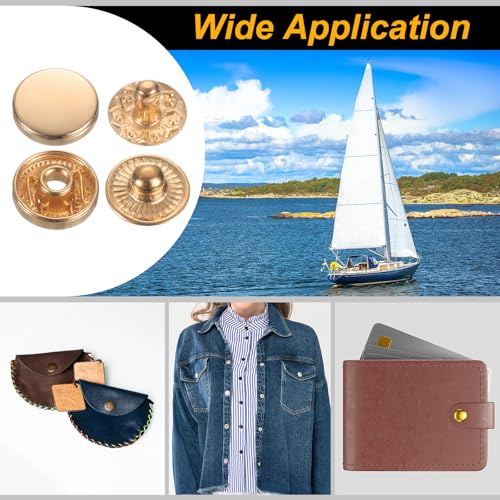 HARFINGTON 24Set Leather Snaps Fasteners Kit 10mm Dia Brass Press-Stud Cap Button 2.76" Length Metal Snap Buttons with 4 Install Tools for Coat Bag Leather Marine Boat Canvas, Gold - color: Gold