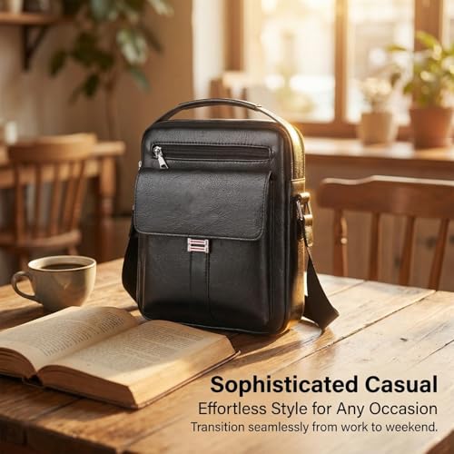 Crossbody Bag for Men, PU Leather Shoulder Messenger Bag with Handle - color: Deep Black
