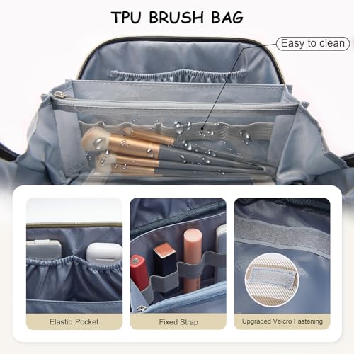 BOYATU Travel Makeup Bag for Women: 3 Pcs Set Striped Make up Bag,Apricot | Vegan Leather Cosmetic Bags with Compartments - Waterproof Large Capacity Toiletry Bags - 180° Open-Flat Makeup Organizer - color: A-6-Apricot