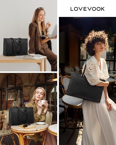 LOVEVOOK Laptop Tote Bag for Women,Leather Work Computer Briefcase Bag - color: Retro Black, size: 15.6 inch