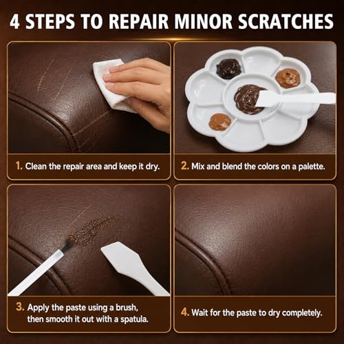 Brown Leather Repair Kit for Furniture, Car Seats, Couch, Steering Wheel, Leather and Vinyl Repair Kit with Super Easy Instructions, Efficiently Repairs Scratches, Peeling, Tears, Holes of All Leather