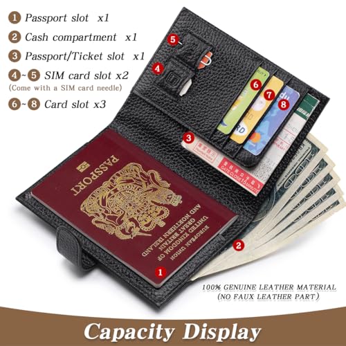 Passport Holder for Travel Women RFID Blocking Genuine Leather Passport Wallet with Card Slots, Zipper Coins Pocket, Cash Holder, Black - color: Black