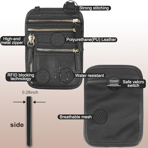 Neck Wallet for Traveling Women Men, RFID Blocking Leather Travel Pouch - color: Raven Black