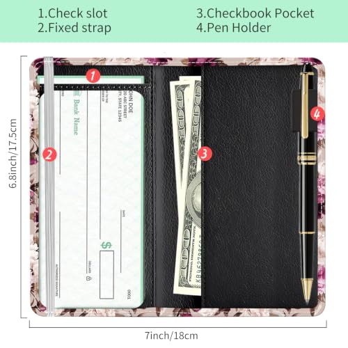 Checkbook Cover for Personal Checkbook, Cute Pu Leather Check Book for Women & Men, Slim Checkbook Holder with Pen Holder and Built-in Clear Plastic Divider, Peony Floral - color: Peony Floral