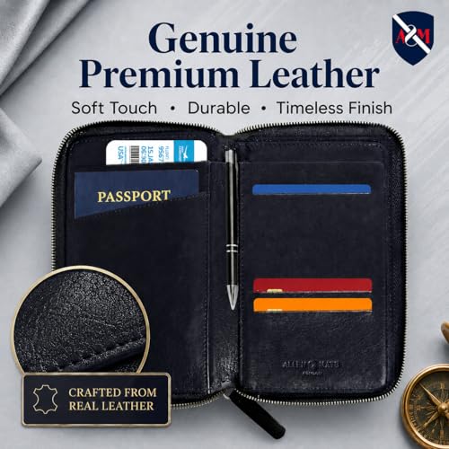 ALLEN & MATE Genuine Leather Passport Holder for Travel, RFID Blocking Travel Wallet Fits 2 Passports and 12 Cards, Zippered Document Organizer with SIM Slot and Pen Loop for Men and Women - color: Black