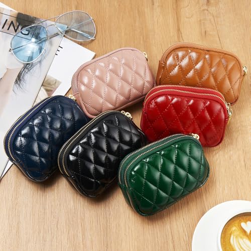 WOZEAH Leather Coin Purse for Women Small 2 Zipper Change Wallet with Key Ring Card Key Coin Cash Holder Pouch(Quilted Purple) - color: Quilted Purple